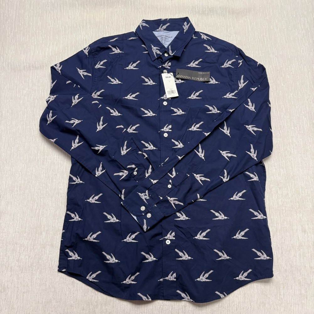 Banana Republic Mens Bird Print Luxe Poplin Untucked Slim Fit Shirt Blue L NEW